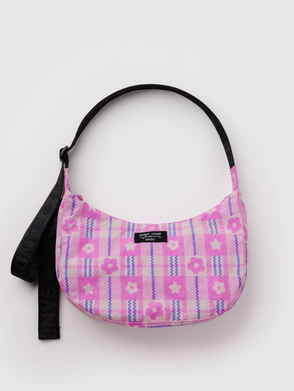 Sandy Liang x Baggu Medium Nylon Crescent Bag Market Plaid Pink Bag NWT